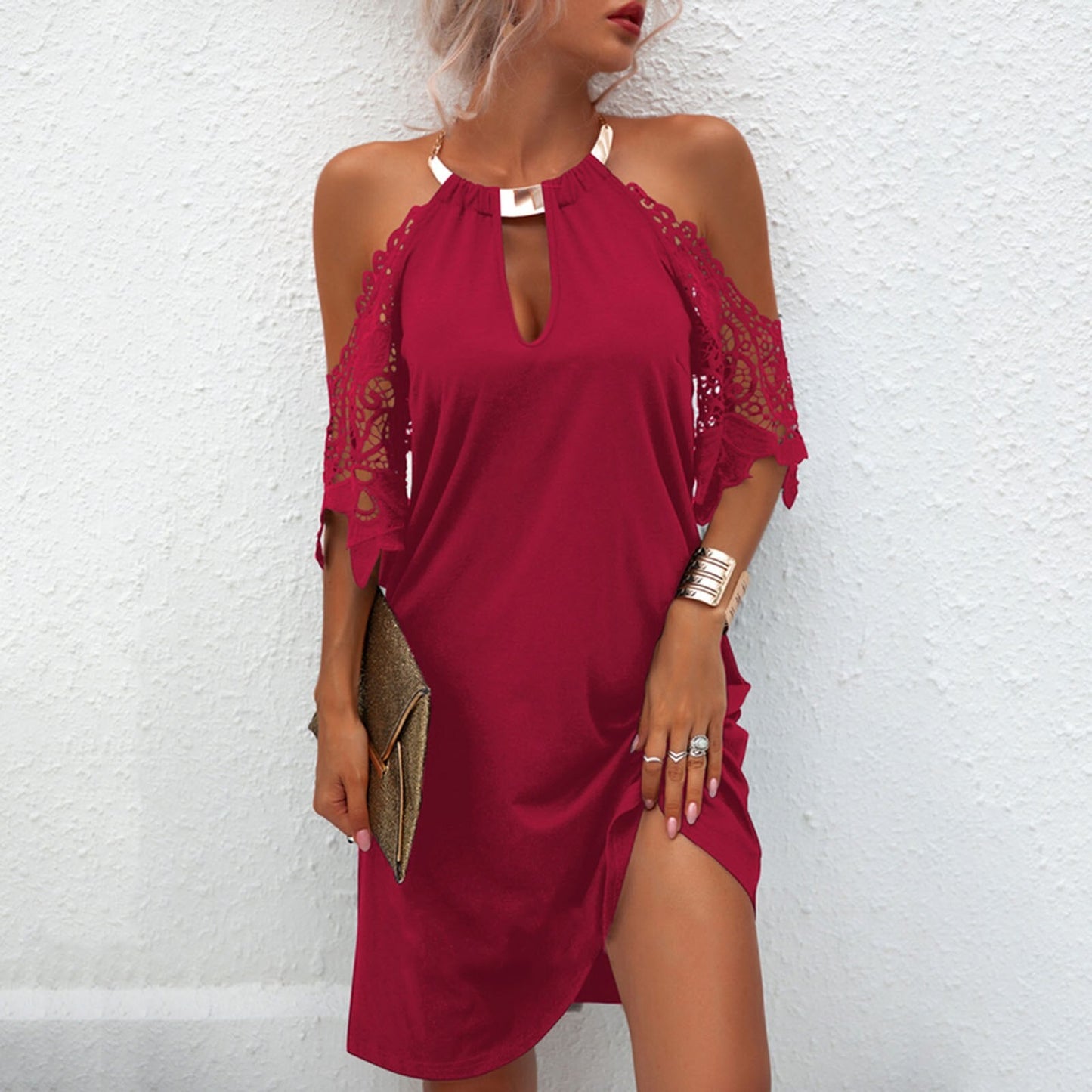 Hot Halter Style Lace Drop Sleeves Mini Dress - My She Shop