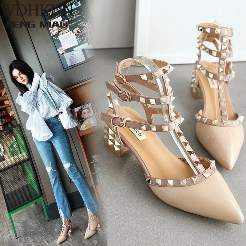 Hot Studded Pointed Toe Strappy Stiletto Shoes - My She Shop