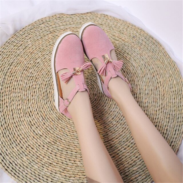 JIANBUDAN Tassel Top Closed Toe Heel Buckle Strap Sandal Shoes - My She Shop