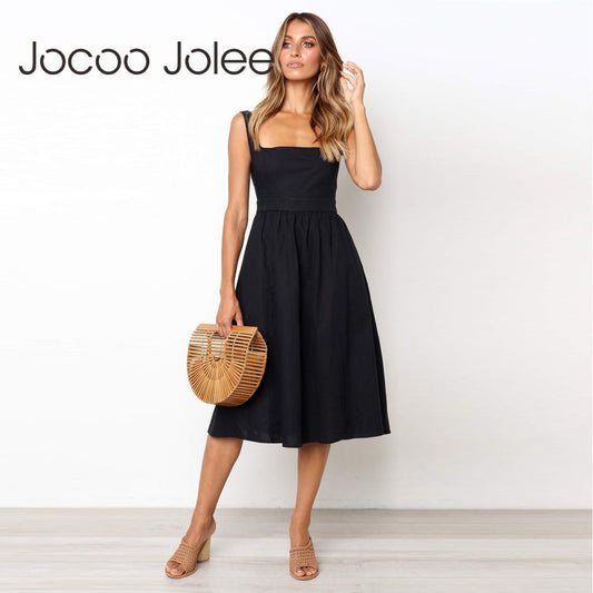 JOCOO JOLEE Cotton-Poly Blend Simple Solid Midi A-line Dress - My She Shop