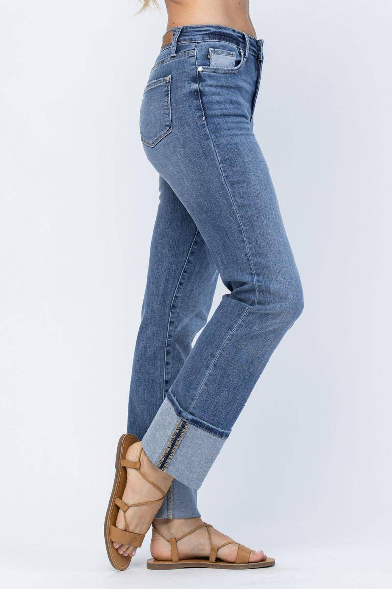 Judy Blue High Waist Straight Leg Wide Cuff Jeans Pants - My She Shop