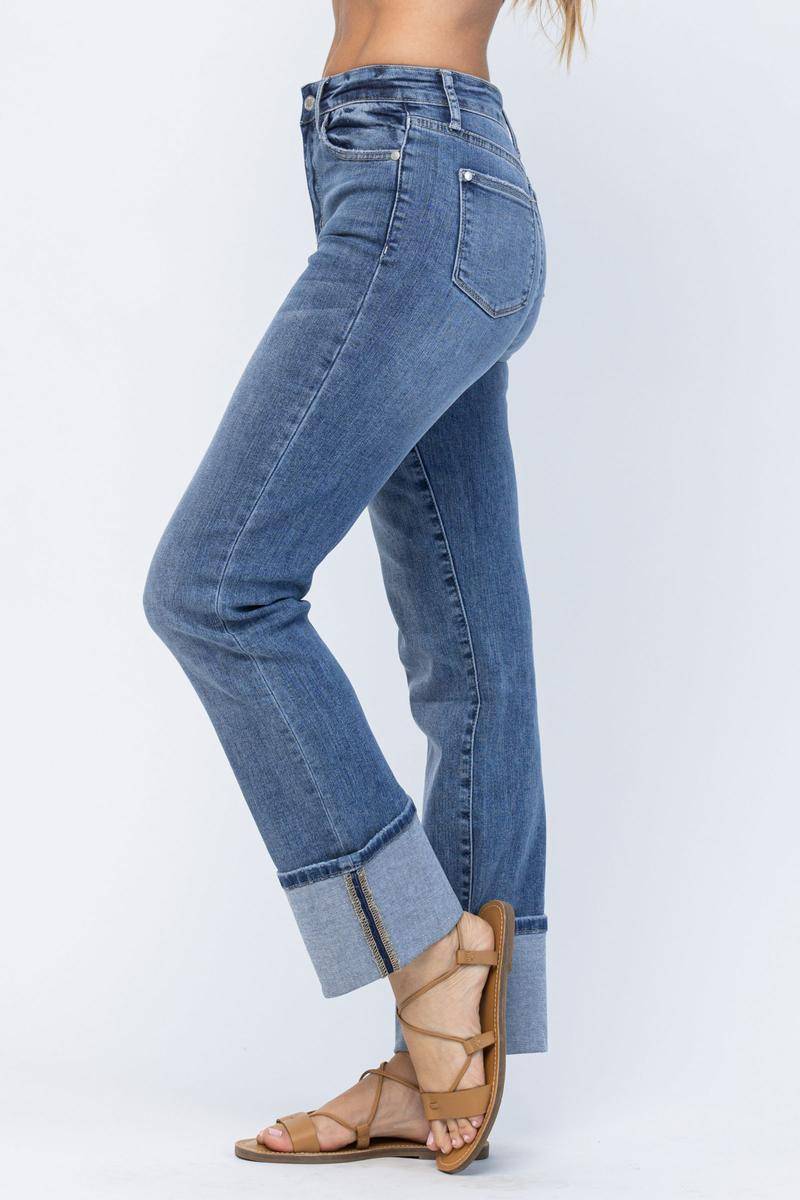 Judy Blue High Waist Straight Leg Wide Cuff Jeans Pants - My She Shop