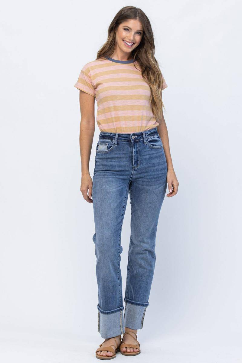 Judy Blue High Waist Straight Leg Wide Cuff Jeans Pants - My She Shop