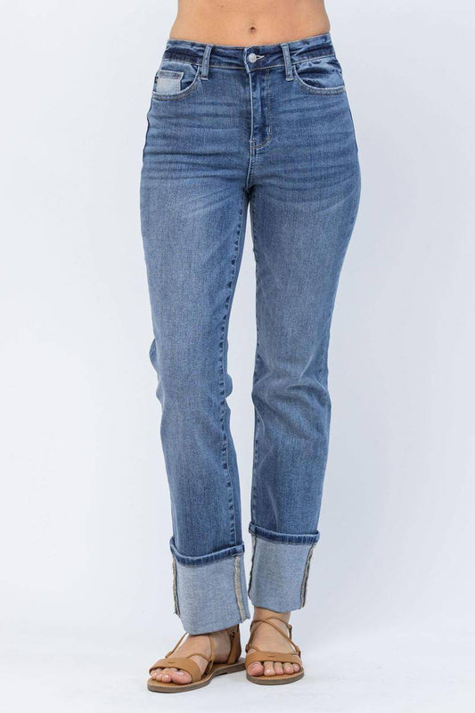 Judy Blue High Waist Straight Leg Wide Cuff Jeans Pants - My She Shop