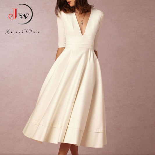 JUNXI WAN Deep V-Neck Half Sleeve A-line Poly-Cotton Blend Dress - My She Shop