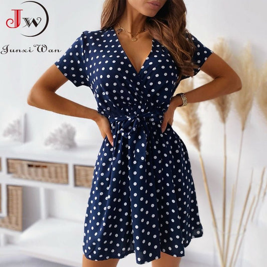 JUNXI WAN Smart Short Sleeve Cotton Poly Blend A-Line Mini Dress - My She Shop