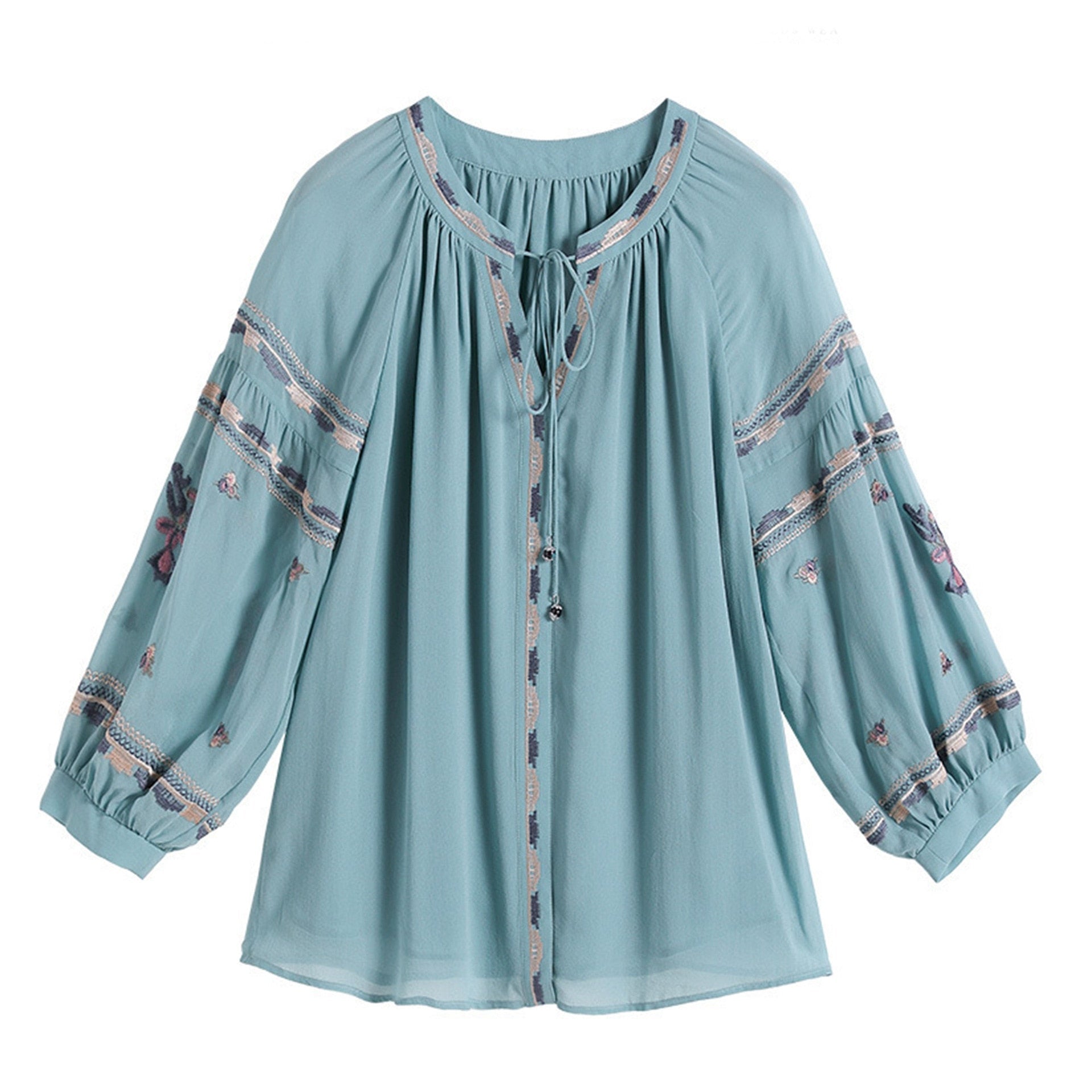 KHALEE YOSE Embroidered Tie Up Soft Poly Blend Blouse - My She Shop