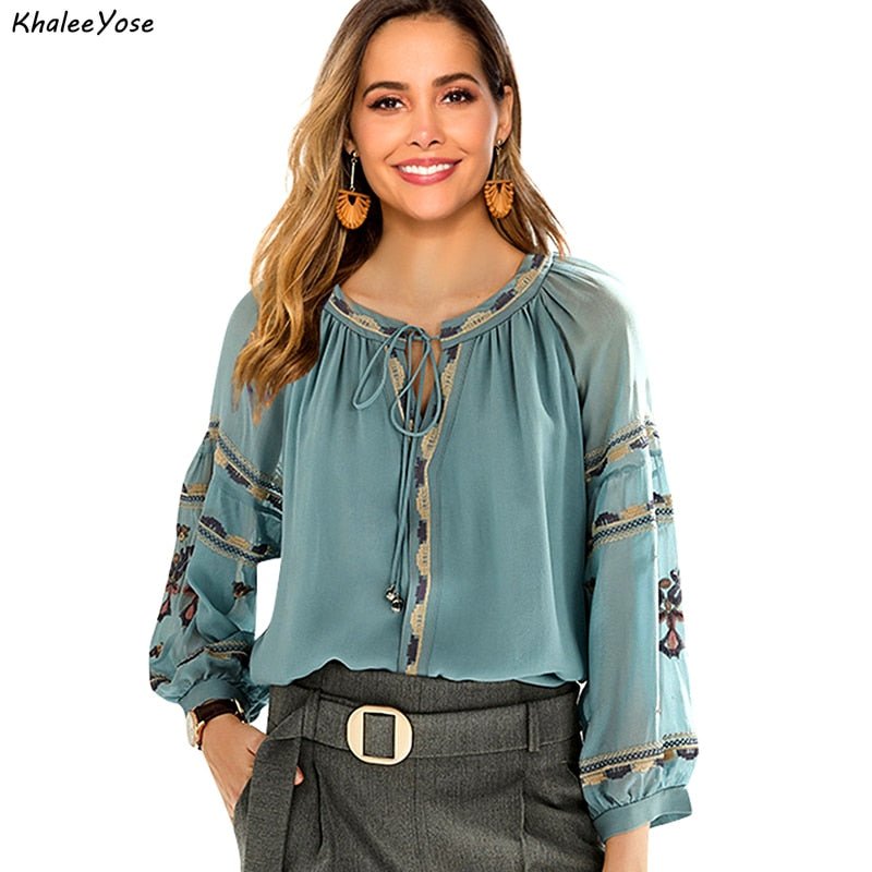 KHALEE YOSE Embroidered Tie Up Soft Poly Blend Blouse - My She Shop