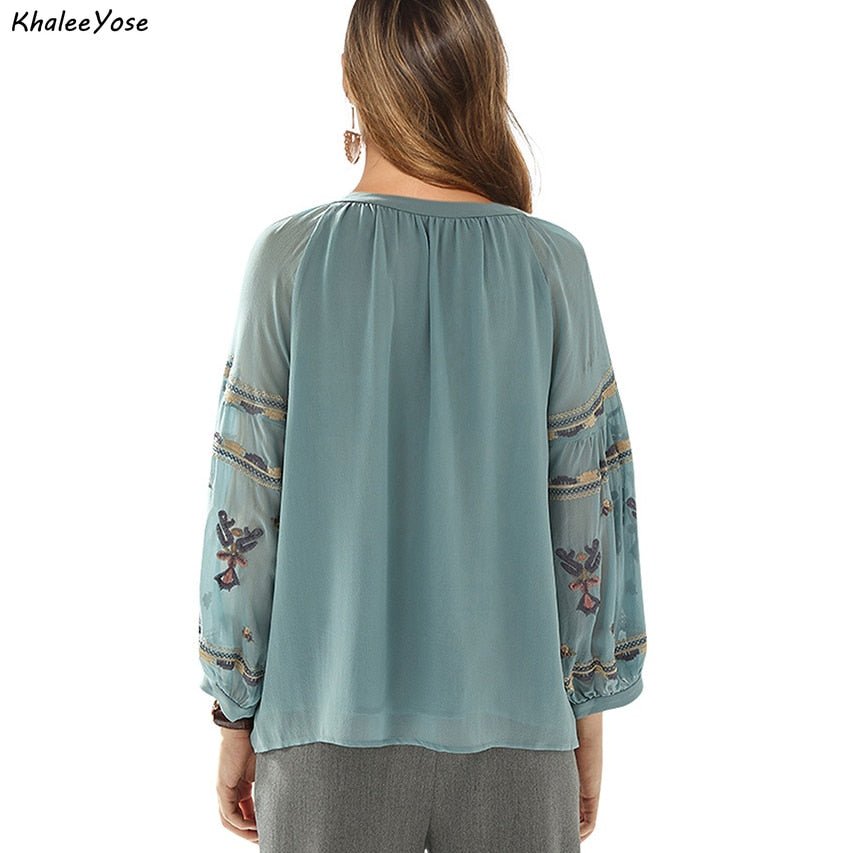 KHALEE YOSE Embroidered Tie Up Soft Poly Blend Blouse - My She Shop