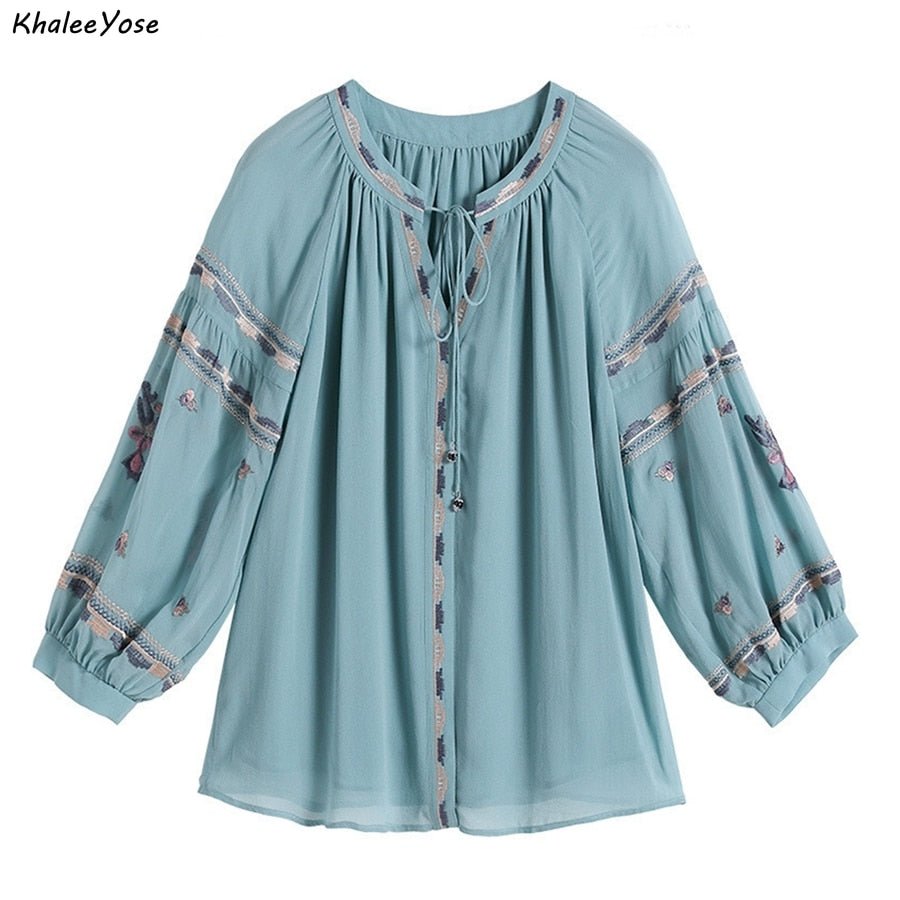 KHALEE YOSE Embroidered Tie Up Soft Poly Blend Blouse - My She Shop