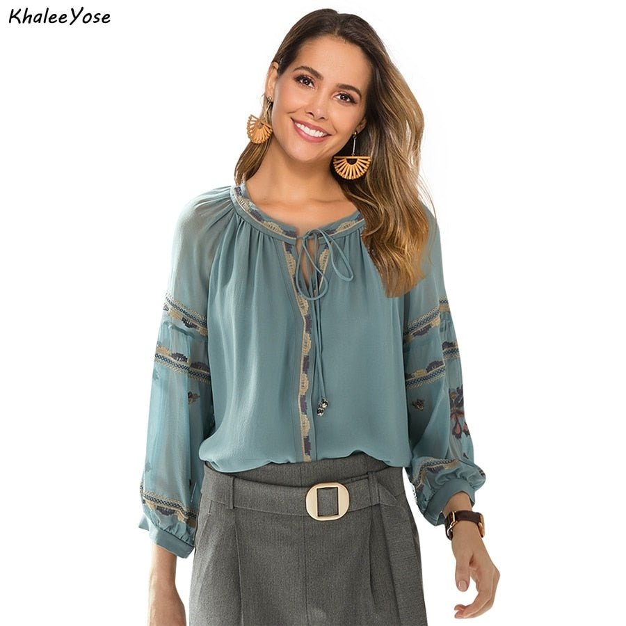 KHALEE YOSE Embroidered Tie Up Soft Poly Blend Blouse - My She Shop