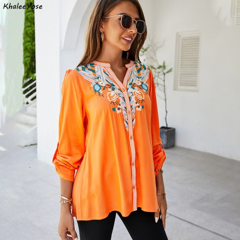 KHALEE YOSE Floral Embroidered Loose Button Down Long Sleeve Rayon Blend Top - My She Shop