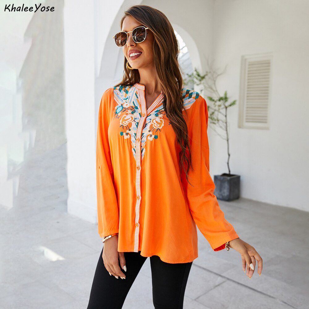 KHALEE YOSE Floral Embroidered Loose Button Down Long Sleeve Rayon Blend Top - My She Shop