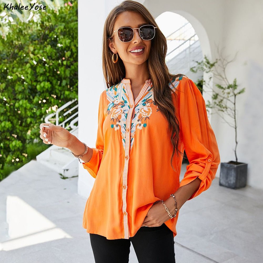 KHALEE YOSE Floral Embroidered Loose Button Down Long Sleeve Rayon Blend Top - My She Shop