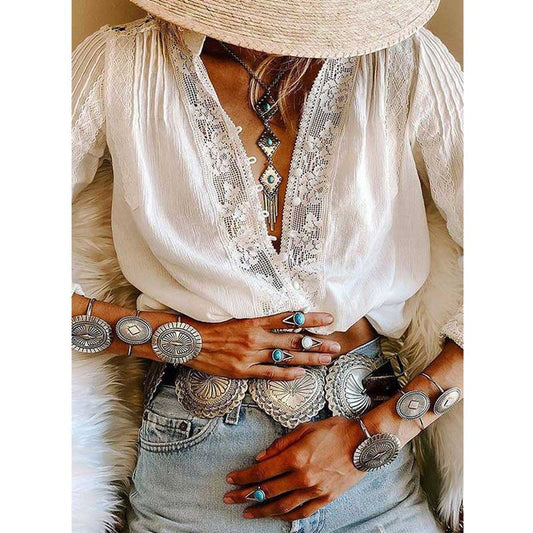 KHALEE YOSE Gorgeous Boho Style Deep V-Neck White Lace Embroidery Blouse - My She Shop