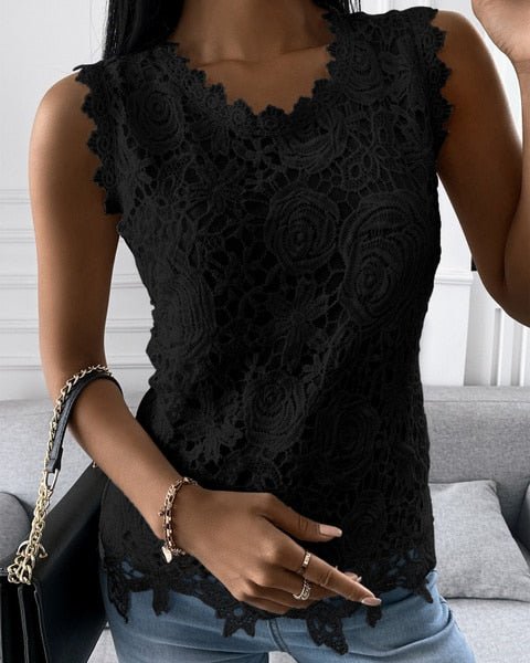 KOODRED Sleeveless Lace Round Neck Poly-Rayon Blend Top - My She Shop