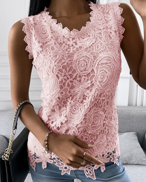 KOODRED Sleeveless Lace Round Neck Poly-Rayon Blend Top - My She Shop