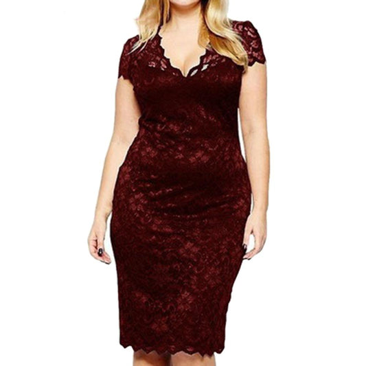 Lace Hollow Out Cotton Spandex Deep V-Neck Short Sleeve Sheath Dress - My She Shop