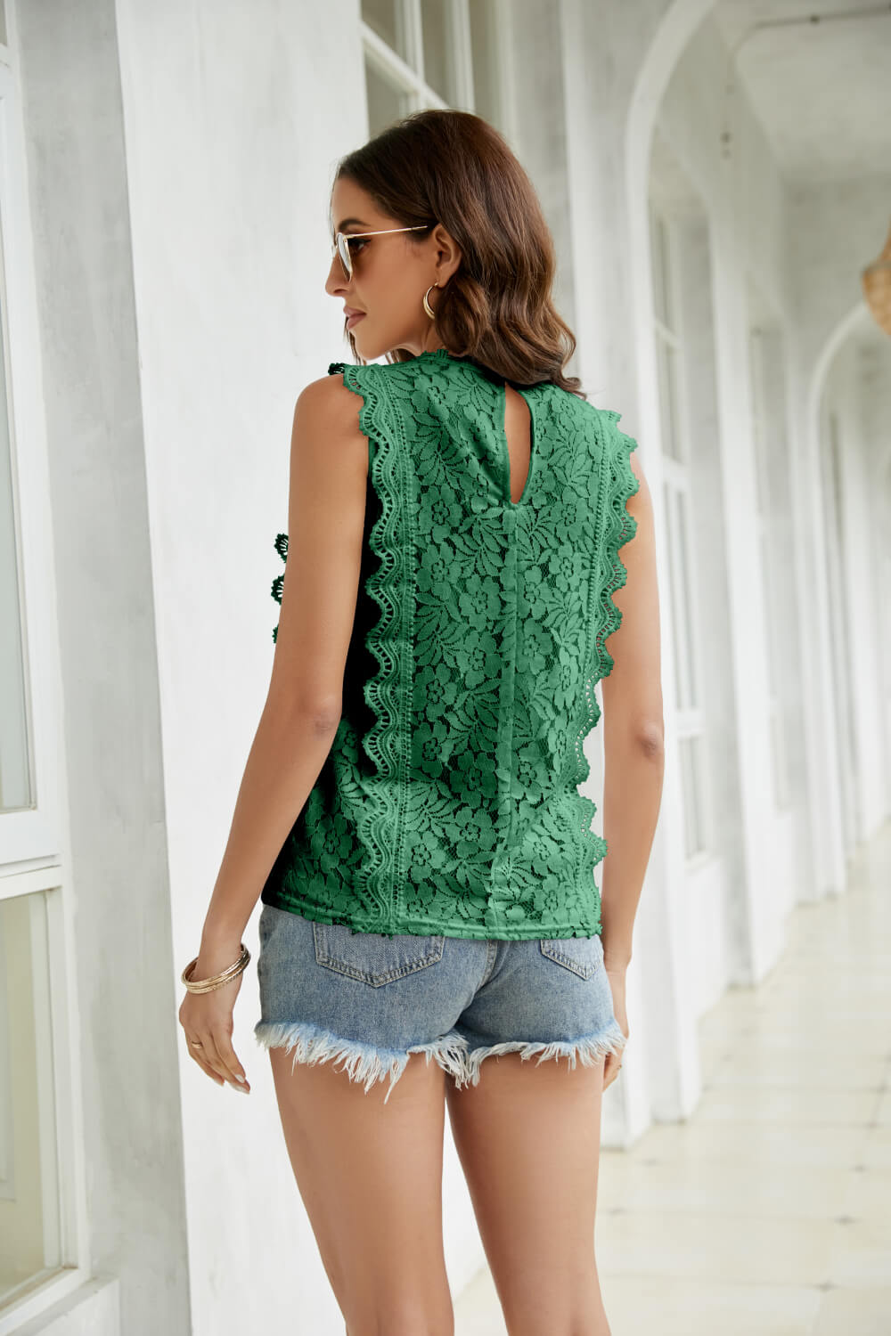 Lace Scalloped Keyhole V-Neck Tank - My She Shop