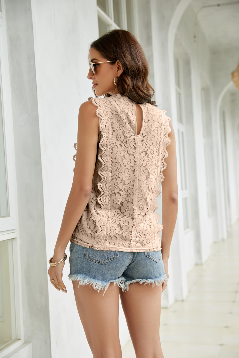 Lace Scalloped Keyhole V-Neck Tank - My She Shop