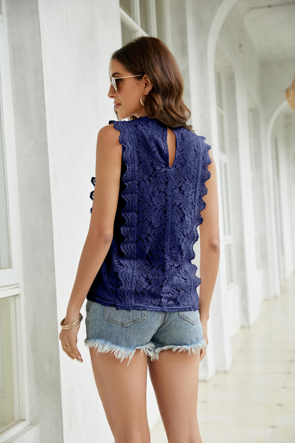 Lace Scalloped Keyhole V-Neck Tank - My She Shop