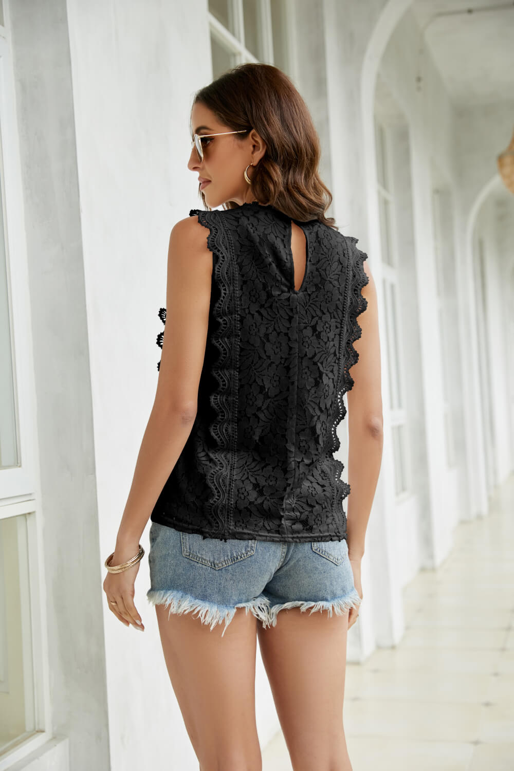 Lace Scalloped Keyhole V-Neck Tank - My She Shop