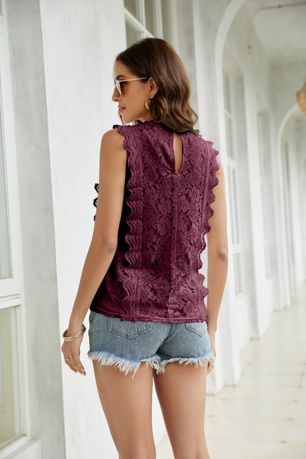 Lace Scalloped Keyhole V-Neck Tank - My She Shop