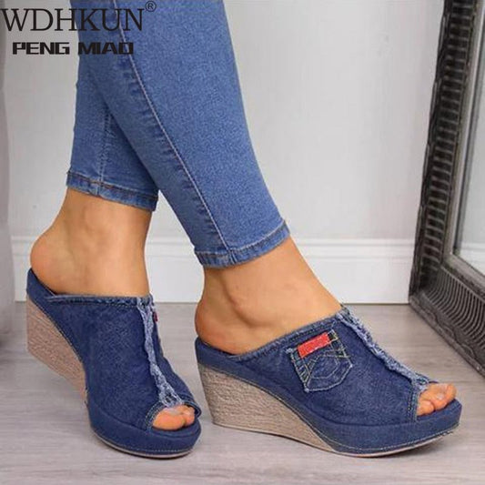 Lady Slope Denim Platform Wedge Sandal Shoes - My She Shop