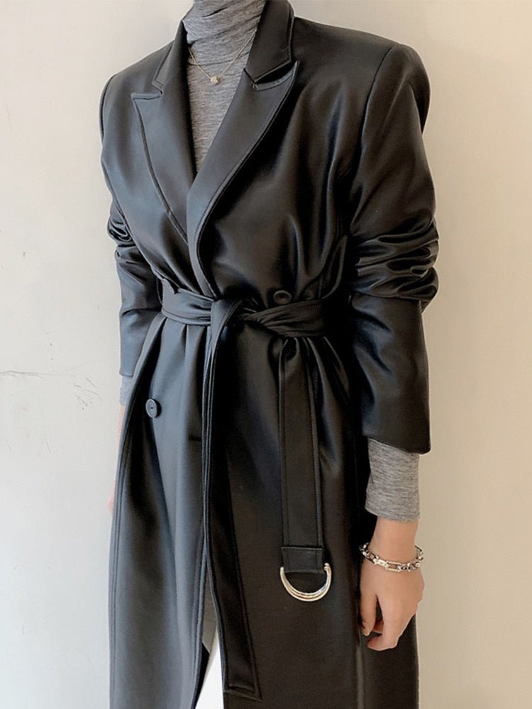 LAUTARO Luxury Faux Leather Trench Coat - My She Shop