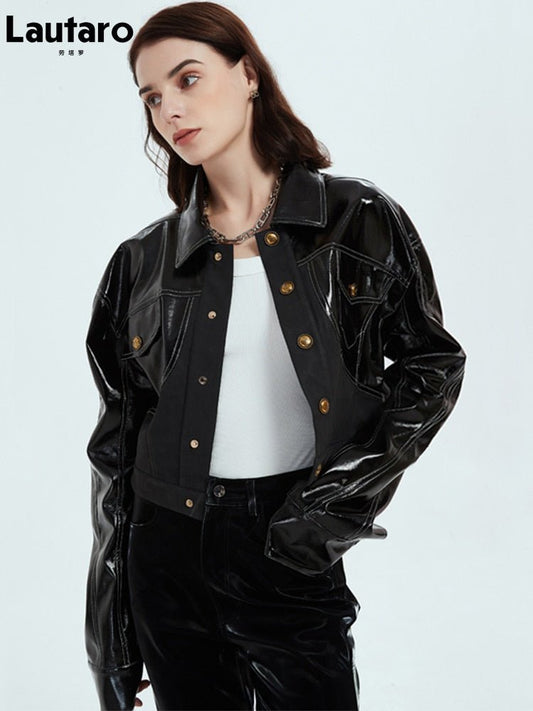 LAUTARO Stunningly Cool Patent Faux Leather Jacket - My She Shop
