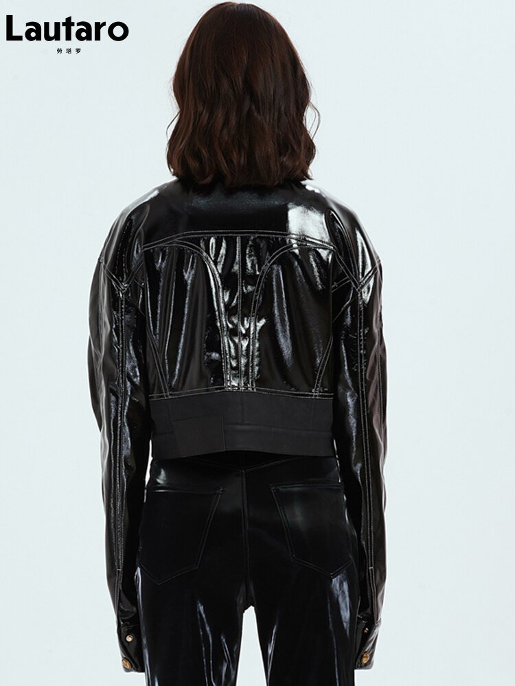 LAUTARO Stunningly Cool Patent Faux Leather Jacket - My She Shop