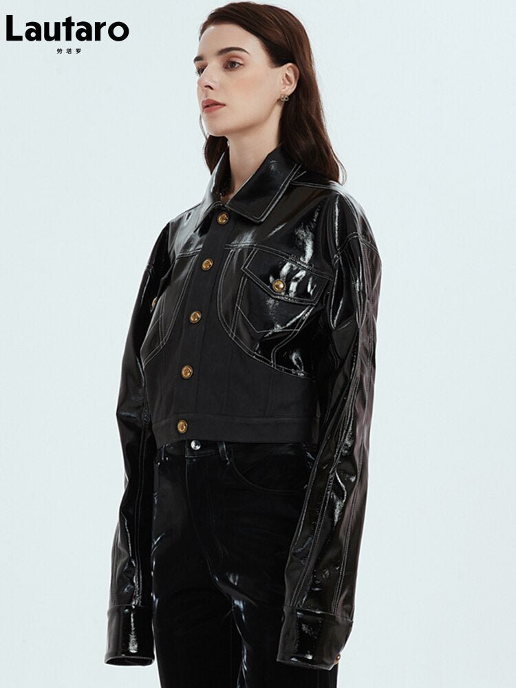 LAUTARO Stunningly Cool Patent Faux Leather Jacket - My She Shop