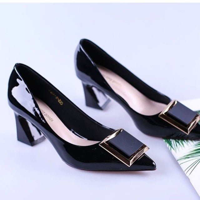 LBLGY Patent Leather Pointed Toe Square Angle Heel Shoes - My She Shop