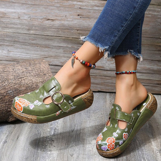 Leather Flower Platform Clog Shoes - My She Shop