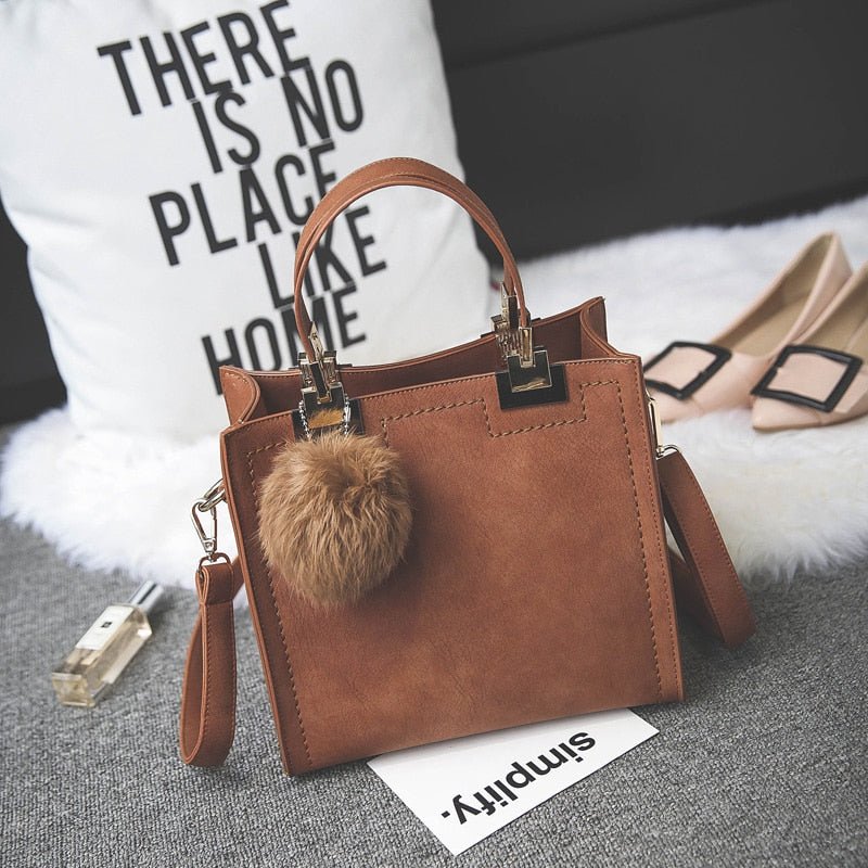 LEFTSIDE Large Suede Leather With Fur Ball Handbag - My She Shop