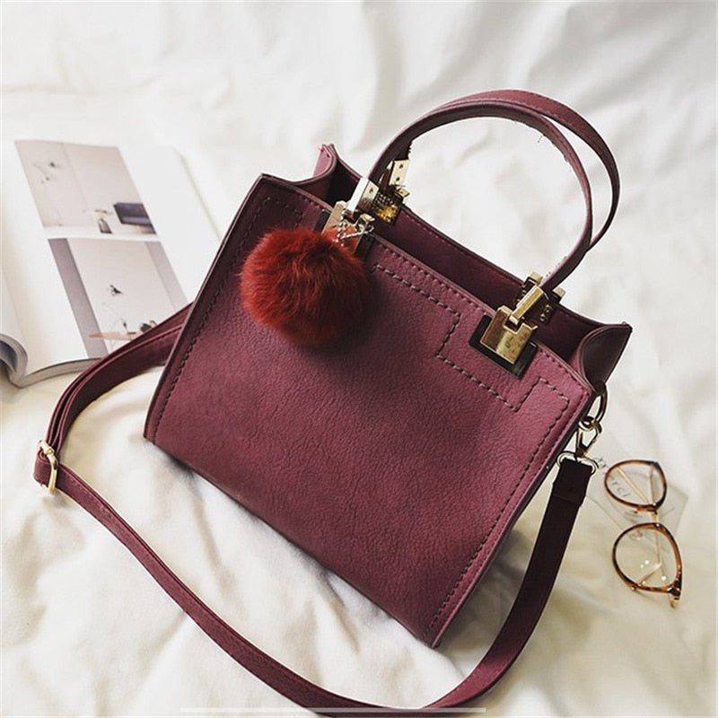 LEFTSIDE Large Suede Leather With Fur Ball Handbag - My She Shop