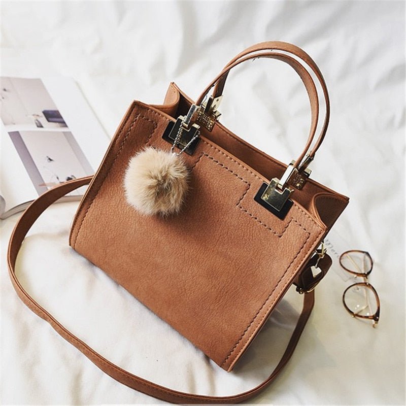 LEFTSIDE Large Suede Leather With Fur Ball Handbag - My She Shop