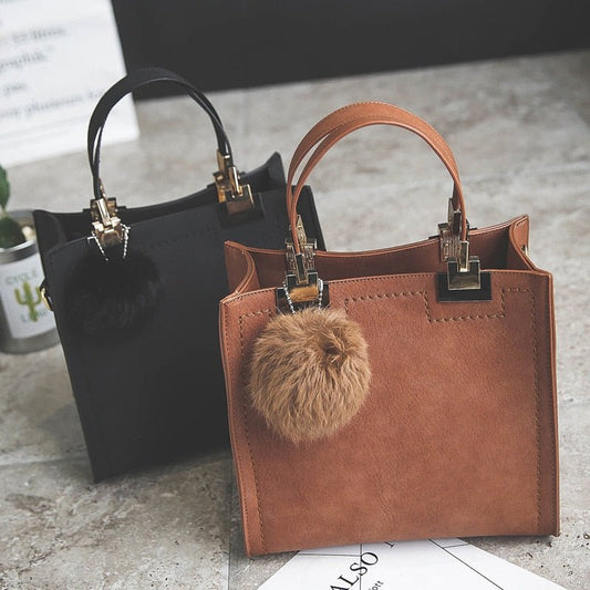 LEFTSIDE Large Suede Leather With Fur Ball Handbag - My She Shop