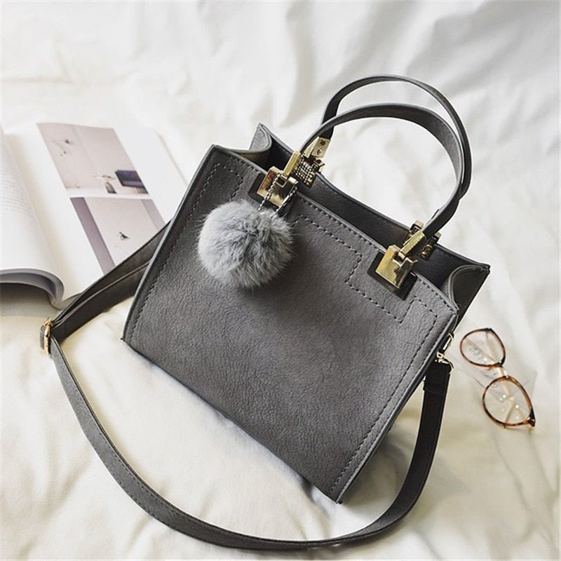 LEFTSIDE Large Suede Leather With Fur Ball Handbag - My She Shop