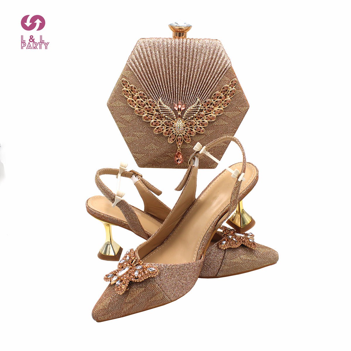 L&L PARTY Butterfly Bling Pointed Toe Slingback Shoes with Matching Bag - My She Shop