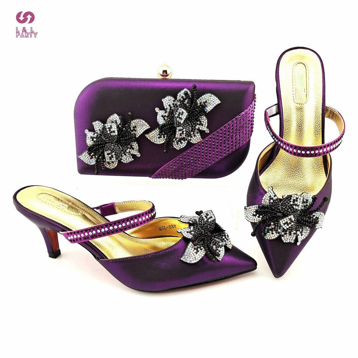 L&L PARTY Floral Crystal Thin Midi Heel Shoes with Matching Bag - My She Shop