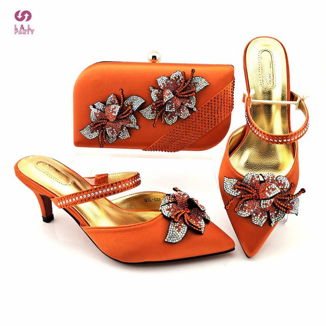 L&L PARTY Floral Crystal Thin Midi Heel Shoes with Matching Bag - My She Shop