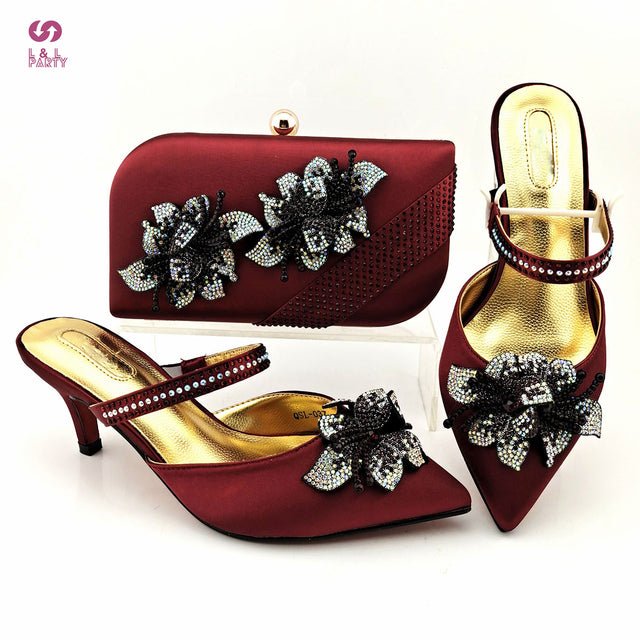 L&L PARTY Floral Crystal Thin Midi Heel Shoes with Matching Bag - My She Shop