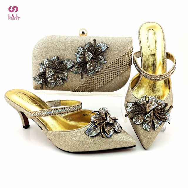 L&L PARTY Floral Crystal Thin Midi Heel Shoes with Matching Bag - My She Shop