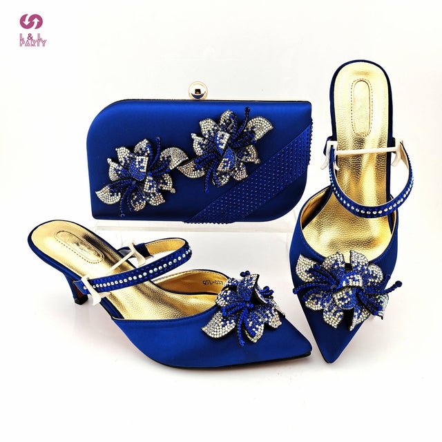 L&L PARTY Floral Crystal Thin Midi Heel Shoes with Matching Bag - My She Shop