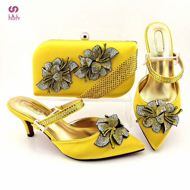 L&L PARTY Floral Crystal Thin Midi Heel Shoes with Matching Bag - My She Shop