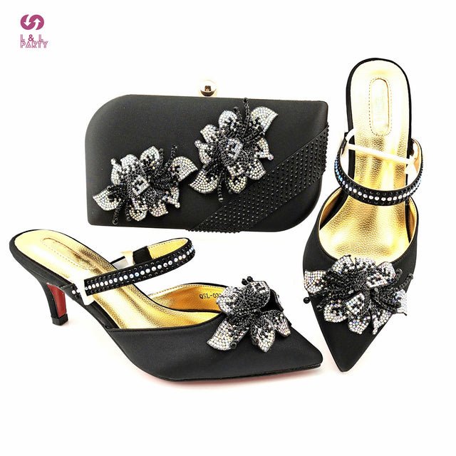 L&L PARTY Floral Crystal Thin Midi Heel Shoes with Matching Bag - My She Shop