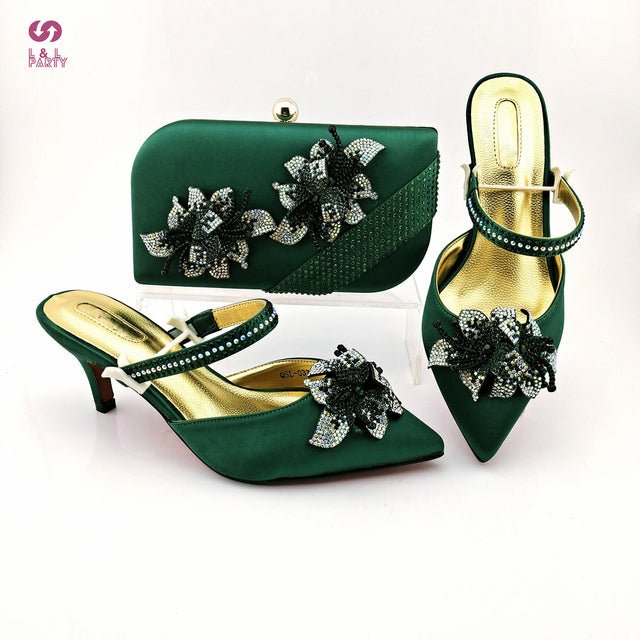 L&L PARTY Floral Crystal Thin Midi Heel Shoes with Matching Bag - My She Shop