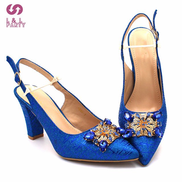 L&L PARTY Italian Crystal Design Pointed Toe Slingback High Square Heel Shoes with Matching Bag - My She Shop