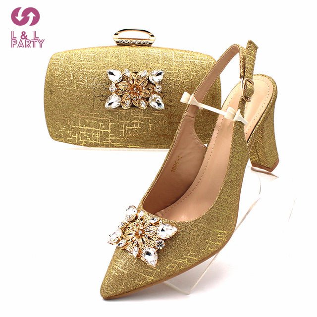 L&L PARTY Italian Crystal Design Pointed Toe Slingback High Square Heel Shoes with Matching Bag - My She Shop